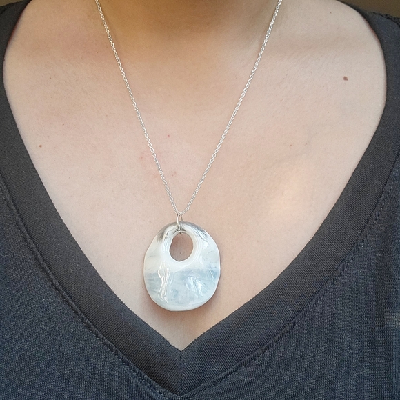 Vintage Blue Ceramic Geometric Modern Round Pendant Necklace - Picture 6 of 8